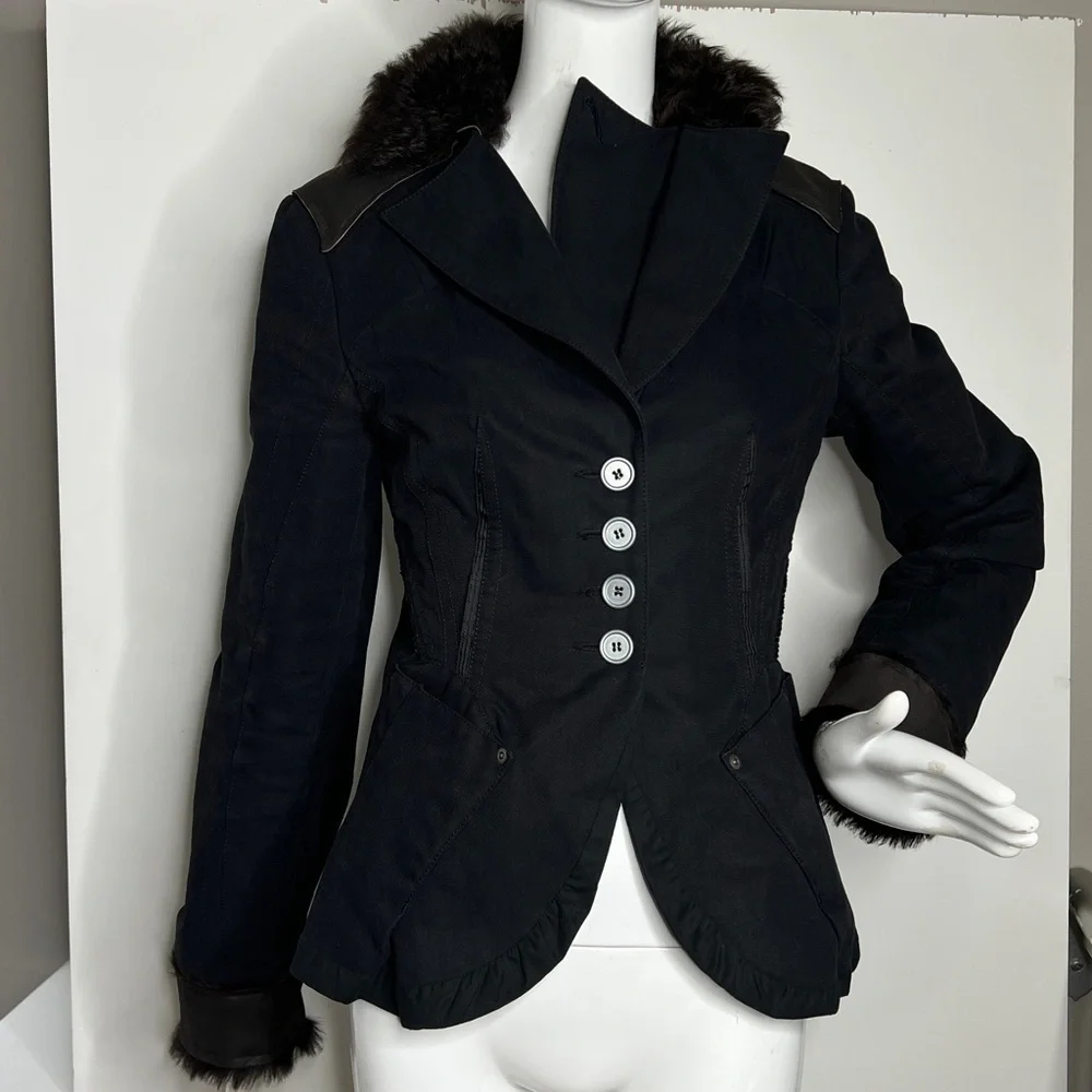 SportMax Code Sz 8 Cotton Leather Fur Fitted Quilted Interior Blazer Jacket